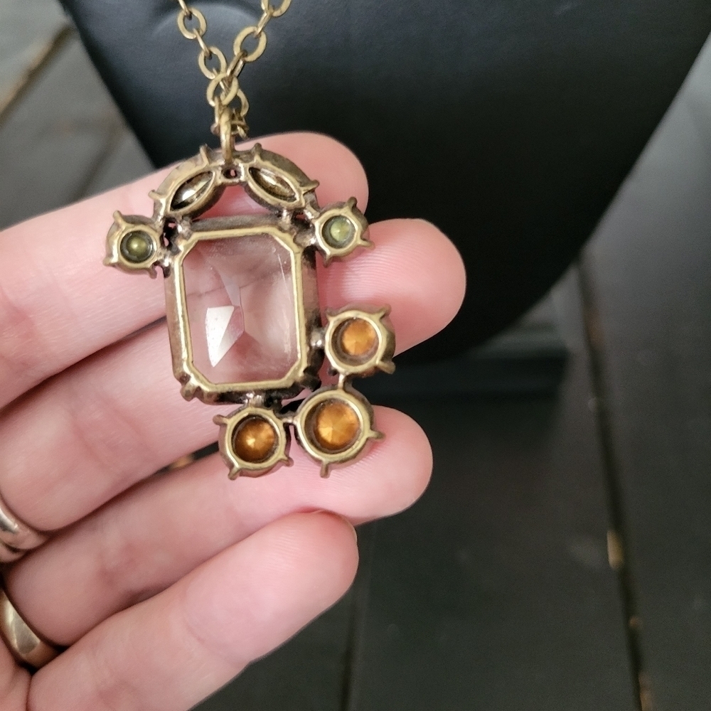 J.Crew Gold Chain Long Necklace Rhinestone Charm Pendant Black Clear - Picture 3 of 6